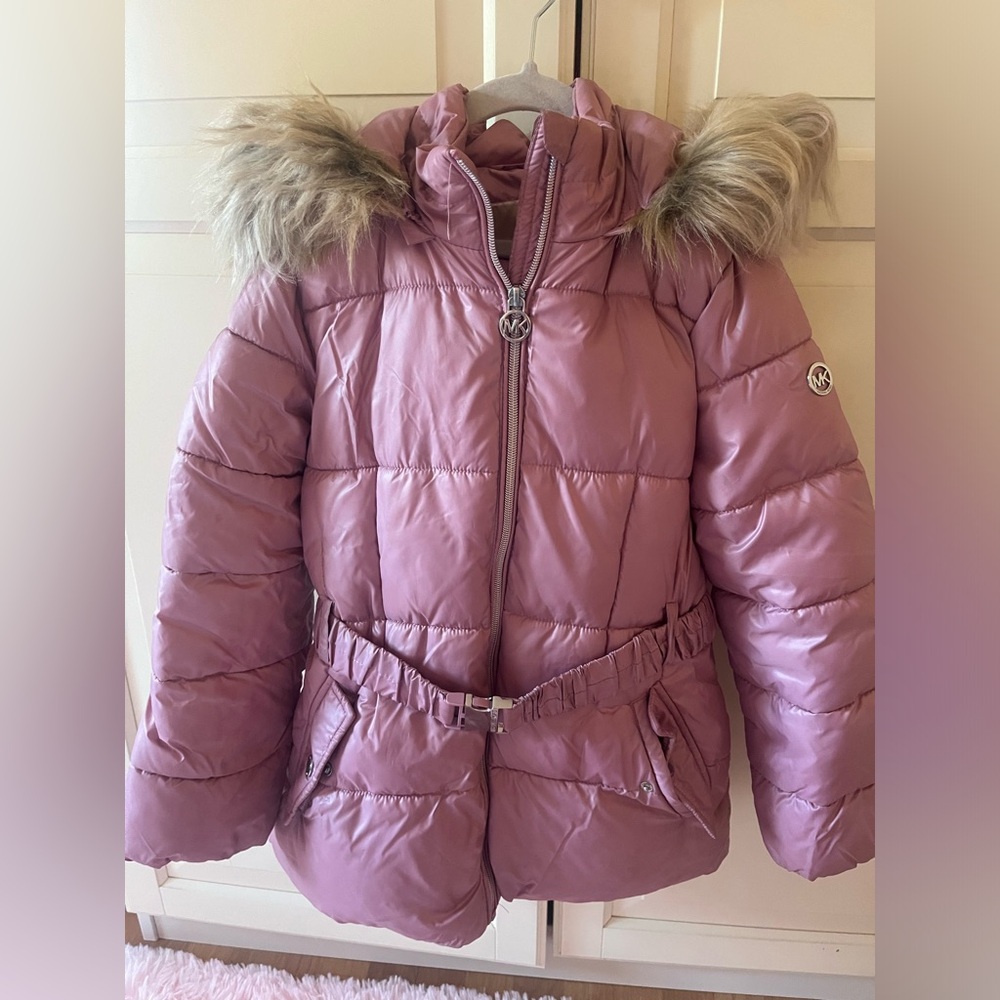 Pink Michael Kors coat with faux fur hood